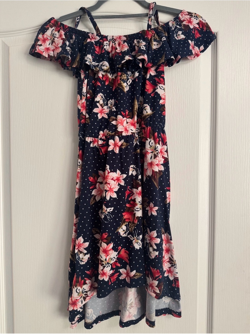 Girls Navy Floral Off-Shoulder Dress with Pink Flowers